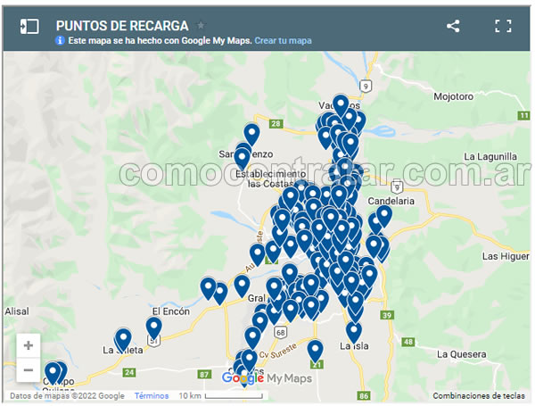 mapa puntos de recarga tarejta saeta salta