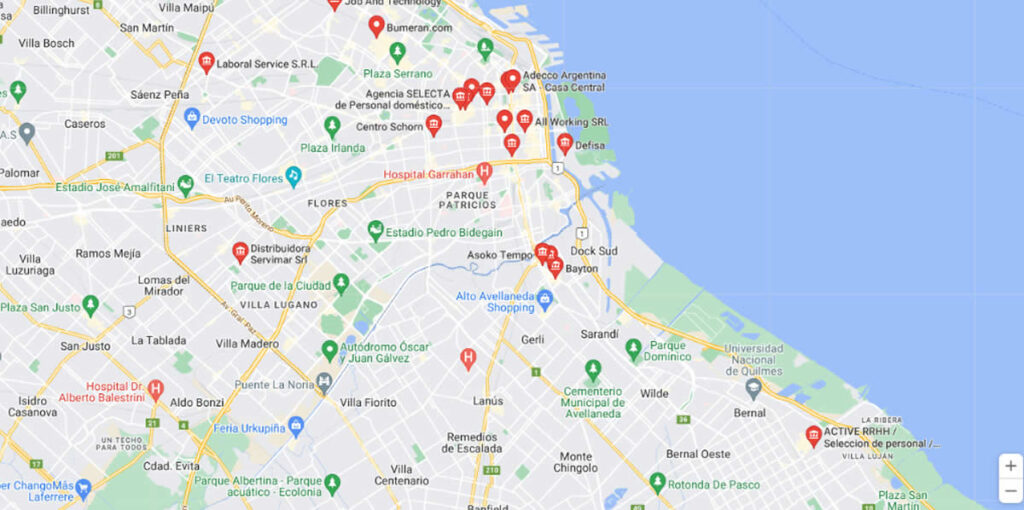 imagen del mapa buscador de agencias de trabajo y empleo en zona sur de buenos aires
